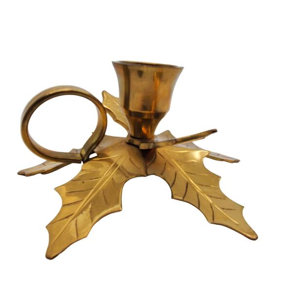 Brass Taper Candle Holder Leaf Autumn Rustic Table Holiday Decor Chamberstick - Picture 8 of 8